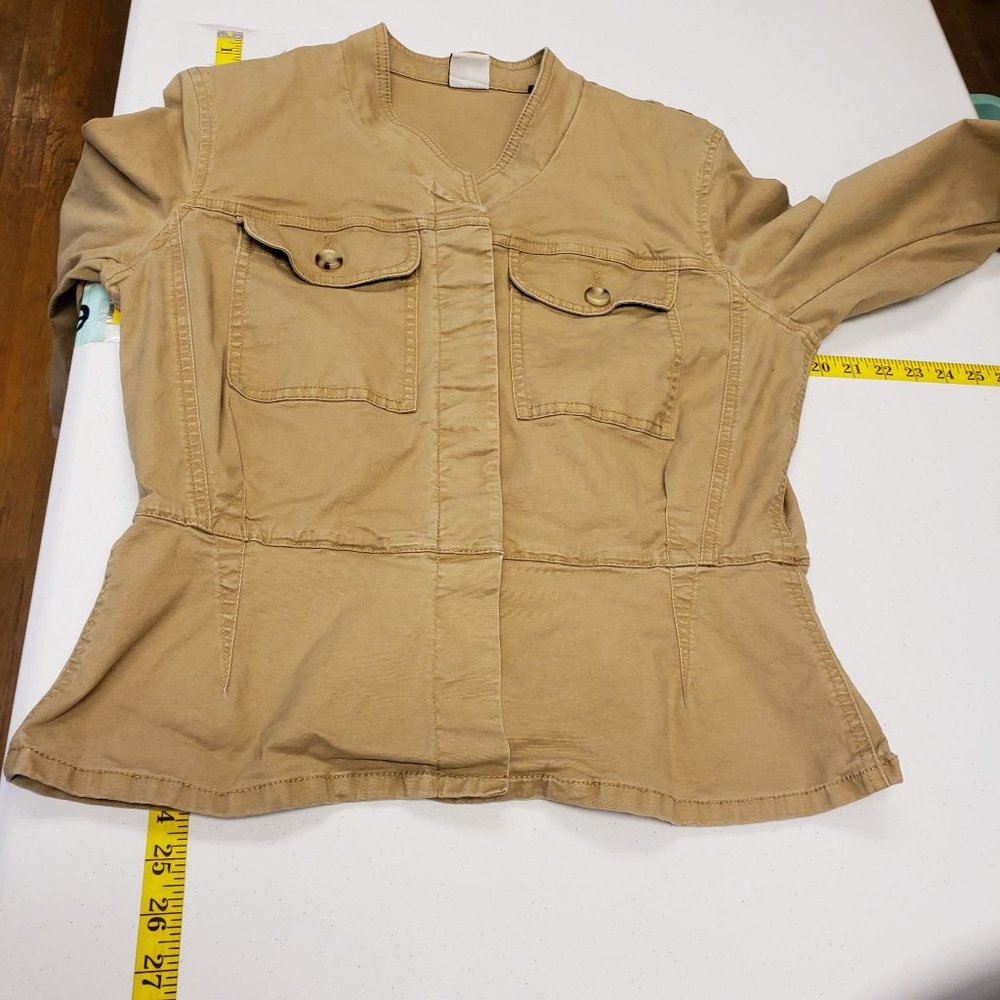 Cabi Womens Tan Canvas Utility Jacket Size M Button Up Flap Pockets Peplum Waist - Picture 8 of 9